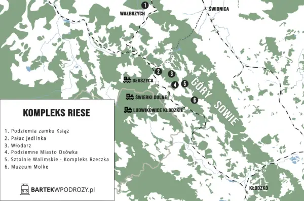 Mapa turystyczna Kompleksu Riese w Górach Sowich, z zaznaczonymi atrakcjami jak Podziemia Zamku Książ i Sztolnie Walimskie.